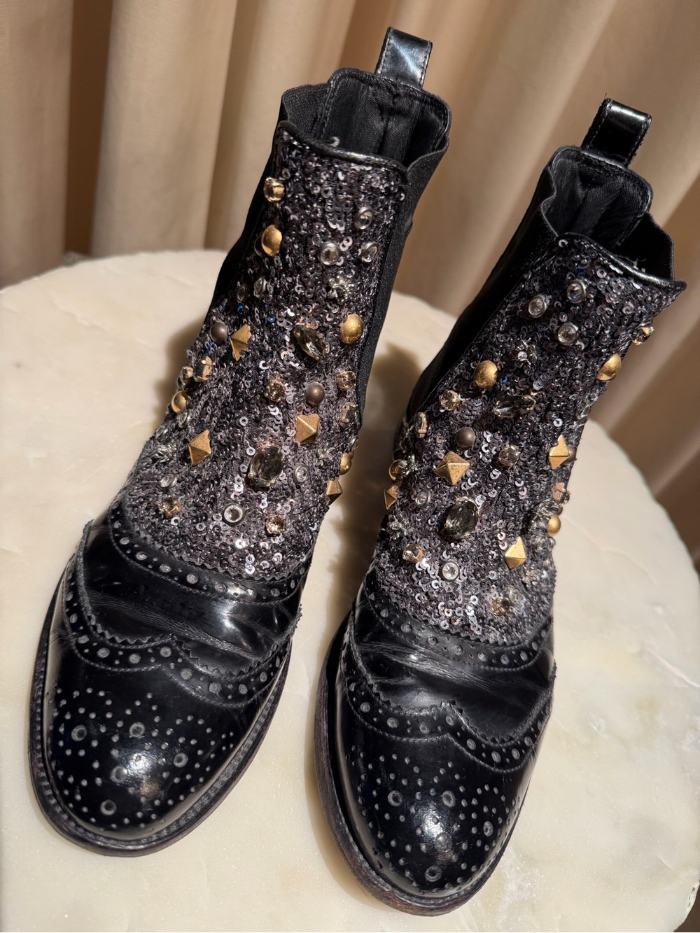 Embellished Black Leather & Sequin Ankle Boots
